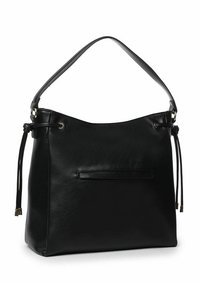 Borsa a secchiello in pelle nera con una sola tracolla, dotata di chiusure a coulisse arricciate e una tasca frontale. Texture liscia e design minimalista.