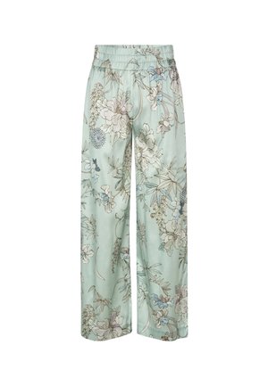 Light blue floral pants with an elastic waistband, featuring a flowing design and large, detailed flowers in shades of cream, blue, and green.