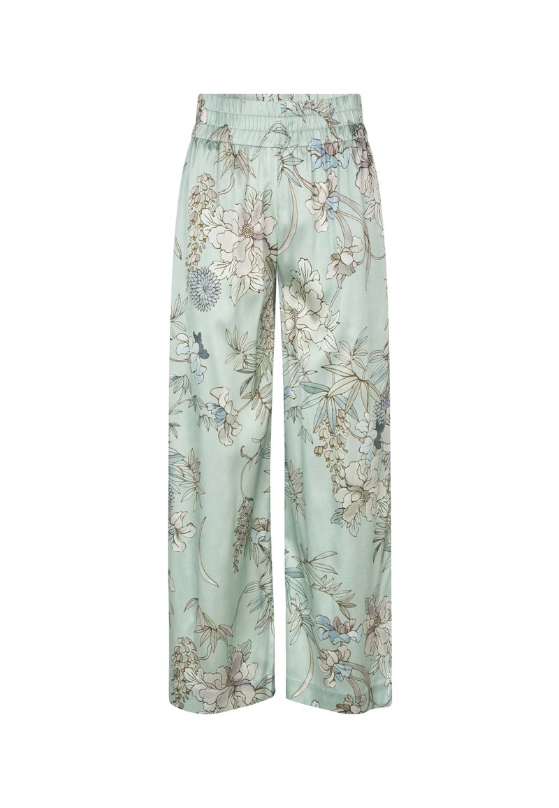 Bloemrijke wijde broek van lichtgroen stof. Heeft een elastische tailleband, met ingewikkelde lichtgekleurde bloemenpatronen en zachte texturen.