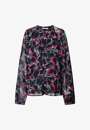 Blusa negra con un patrón floral en rosa, azul y blanco. Presenta mangas largas, cierre de botones en el frente y cintura fruncida para un ajuste holgado.