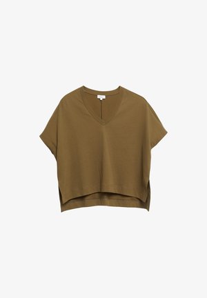 Kurzärmeliges, olivgrünes V-Ausschnitt-Bluse mit lockerem Schnitt und einem etwas längeren Rücken, aus leichtem Stoff gefertigt.