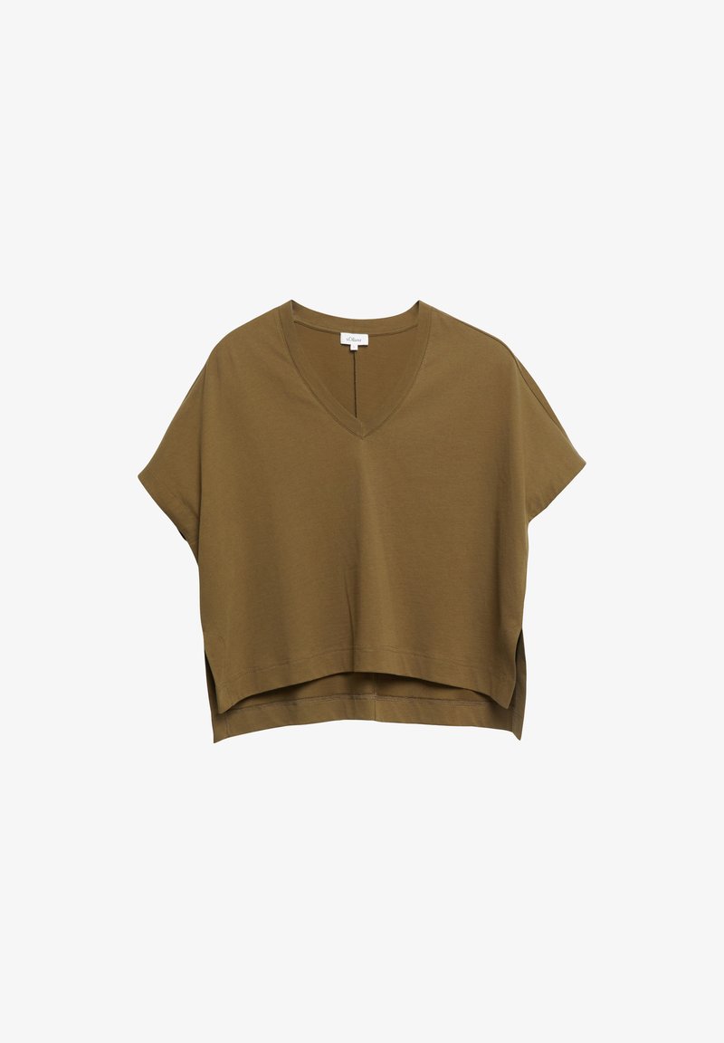 Blouse ample à manches courtes vert olive avec col en V et ourlet arrière légèrement plus long, réalisée en tissu léger.