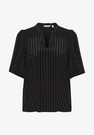 Melnā blūze ar īsām, brīvām piedurknēm, ar vertikālām melnām svītrām un teksturētu apdari uz pleciem. V-veida kakls un mīksts audums.