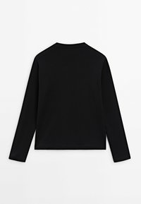 Black long-sleeve top with a round neckline, featuring a smooth texture and a fitted design. No visible patterns or hardware details.