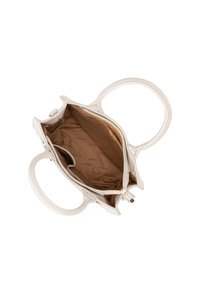 Borsa bianca con doppi manici, esterno testurizzato e chiusura con zip. L'interno è foderato in beige con un motivo a logo ripetuto.