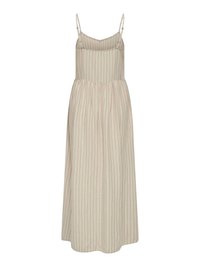 Robe maxi beige sans manches avec fines rayures verticales et bretelles spaghetti réglables.
