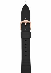 Correa de reloj de silicona negra con textura suave, diseño afinado y cinco agujeros de ajuste; presenta una hebilla de metal en color oro rosa con la grabación "FOSSIL".