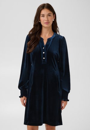 Femme aux longs cheveux foncés porte une robe en velours bleu marine avec de longues manches bouffantes et trois boutons décoratifs sur la poitrine.