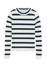 Pull-over blanc à manches longues avec des rayures horizontales bleu marine, texture côtelée et col rond. Design simple sans ornements supplémentaires.