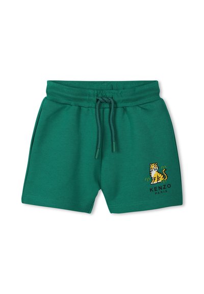 Groene katoenen shorts met een elastische tailleband en trekkoord. Voorzien van een tijgerafbeelding en "KENZO" tekst in het zwart aan de voorkant.