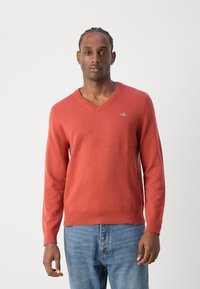 Pull à col en V de couleur rouille, fabriqué en matériau doux, avec des manches longues et un ourlet en côtes plat. Petit logo sur la poitrine.