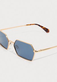 Šešiakampiai mėlyni akiniai nuo saulės su plonais auksiniais rėmeliais ir vėžlio kiauto rašto šventyklų galais ant balto fono.