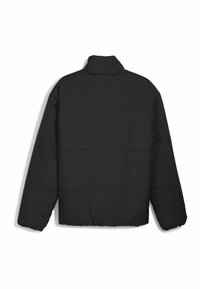 Sort pufferjakke med ståkrave, der har et quiltet design, lange ærmer og elastiske manchetter. Glat tekstur og afslappet pasform.