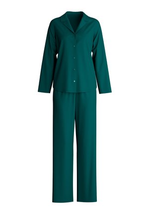 Türkisgrünes zweiteiliges Pyjama-Set mit langen Ärmeln, Knopfleiste und geraden Hosenbeinen. Aus weichem Stoff mit glatter Textur.