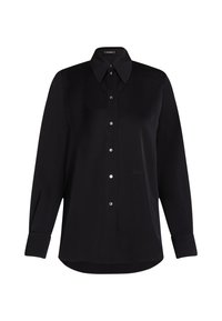 Camicia nera con bottoni, realizzata in un tessuto morbido, con colletto a punta, maniche lunghe e chiusura con bottoni in argento lungo la parte anteriore e sui polsini.