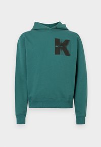 Hanorac teal din amestec de bumbac, cu buzunar tip kangur, glugă cu șnur, mansete ribbate și un model grafic negru pe față.