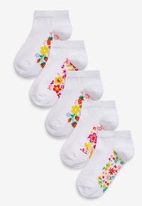 Juego de cinco calcetines tobilleros blancos con diseños florales coloridos en varios tonos, incluyendo rosa, amarillo y verde, con puños sólidos.
