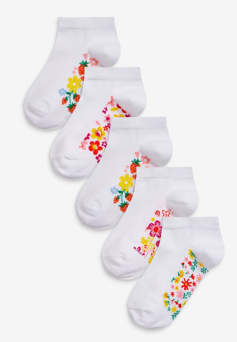 Juego de cinco calcetines tobilleros blancos con diseños florales coloridos en varios tonos, incluyendo rosa, amarillo y verde, con puños sólidos.