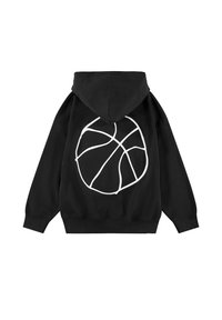 Felpa nera con un grande grafico bianco di un pallone da basket sulla schiena. Materiale morbido in cotone; vestibilità comoda; presenta un cappuccio con coulisse.