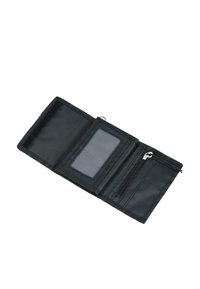 Black fabric wallet with a zippered compartment, transparent card pocket, and velcro closure. Flat design with smooth texture and minimal details.