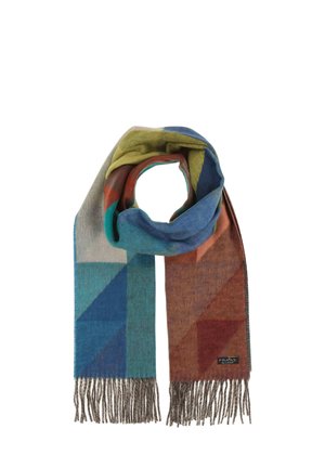 Wollen sjaal met een meerkleurig geometrisch patroon, franjes aan de uiteinden en een klein zwart label aan één zijde tegen een witte achtergrond.