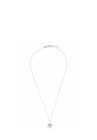 Collana d'argento con pendente a forma di cuore caratterizzato da un'accento a stella, su una catena sottile con chiusura e lunghezza regolabile.