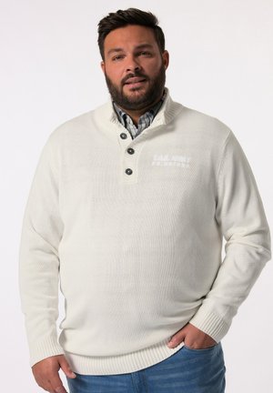 Pull blanc cassé avec un col montant, trois boutons et des poignets côtelés. Présente un logo brodé discret sur la poitrine. Porté par-dessus une chemise à carreaux.