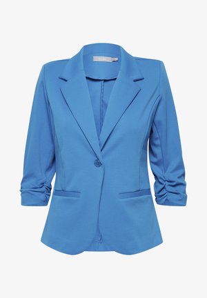 Kék blézer sima anyagból, kihúzható gallérral, egy gombos záródással és feltekerhető ujjal, két elülső zsebbel.