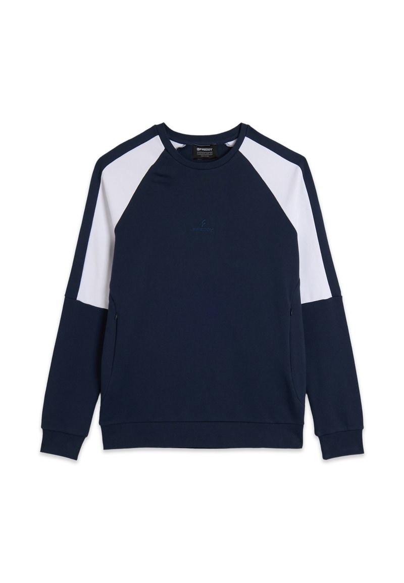 Felpa blu navy con maniche raglan bianche, scollatura rotonda e tasche laterali; texture liscia con un piccolo logo sul petto.