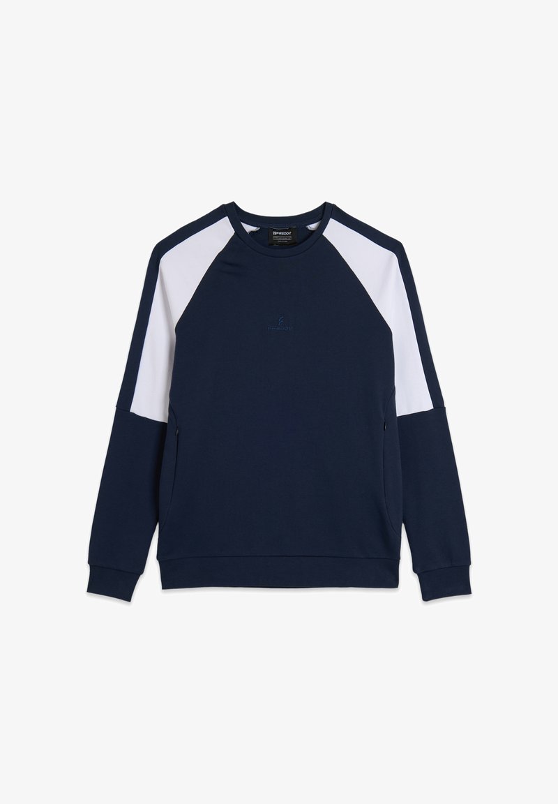 Felpa blu navy con maniche raglan bianche, scollatura rotonda e tasche laterali; texture liscia con un piccolo logo sul petto.