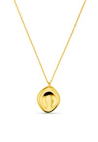 Zlati obesek na verižici z gladko, zaobljeno, abstraktno obliko in nežno verižico. Površina je polirana, kar odseva svetlobo.