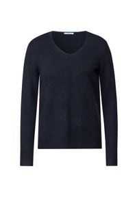 Donkerblauwe langemouwen trui met een V-hals, gemaakt van zacht gebreid materiaal. Bevat een subtiele naaddetail aan de voorkant.