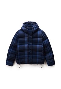 Granatowo-czarna pikowana kurtka w kratę z kapturem i regulowanymi troczkami u dołu, przedstawiona od przodu na białym tle.