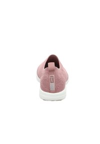 Helle rosa Slip-On-Sneaker mit einer Netztextur, ausgestattet mit einer Rückziehhilfe und einer weißen Sohle. Dezente Markenkennzeichnung an der Ferse.