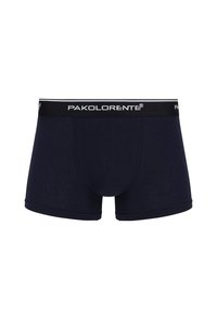 Granatowe męskie bokserki wykonane z miękkiego materiału, z czarnym elastycznym paskiem w talii z białym logo marki. Gładka struktura z dopasowanym krojem.