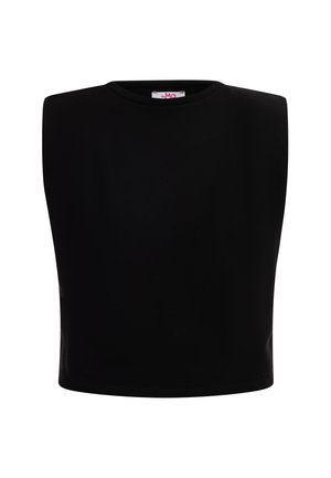 Sort cropped top med rund hals og ærmeløs design. Fremstillet af et glat, strækbart stof med en tætsiddende silhuet.