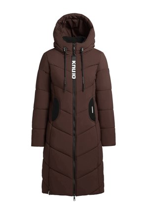 Brown padded coat with a hood, featuring a front zipper, white logo, quilted pattern, and black accents on pockets.