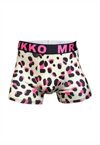 Boxershorts mit einem cremefarbenen Grund und einem abstrakten Leopardenmuster in Schwarz und Pink. Schwarzer Bund mit "MR" und "UKKO" in pinkem Text.