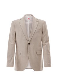 Hellbeiger Blazer aus strukturiertem Stoff, mit Ein-Knopf-Verschluss, Reverskragen, zwei Fronttaschen und einem dezenten Muster.