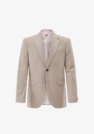 Light beige blazer in textured fabric, single button closure, notch lapels, two front pockets, and a subtle patterned design.