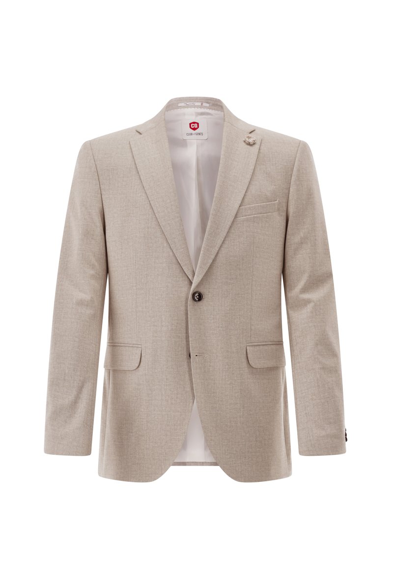 Hellbeiger Blazer aus strukturiertem Stoff, mit Ein-Knopf-Verschluss, Reverskragen, zwei Fronttaschen und einem dezenten Muster.