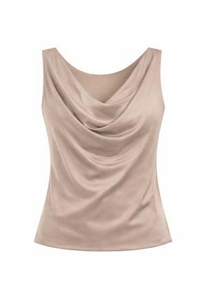 Blusa senza maniche in raso beige con scollo a drappeggio e vita aderente.