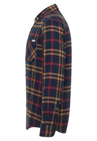 Marineblauw flanellen overhemd met rood- en goudgeruit patroon, lange mouwen, één borstzak aan de linkerkant en een manchetknoop.