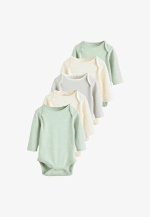 Viis pikkade varrukatega beebide bodysuit'i komplekt, mis on helesinises, koorevärvis ja hallis ning millel on pilve- ja vikerkaaremustrit; pehme puuvillane materjal.