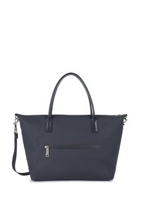 Sac fourre-tout bleu marine en tissu durable, avec deux poignées, une sangle d'épaule réglable et une poche zippée à l'avant. Texture lisse.