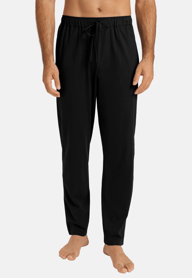 Zwarte pyjamabroek van een zachte stof, met een trekkoord in de taille, rechte pijpen en zonder zichtbare patronen of accenten.