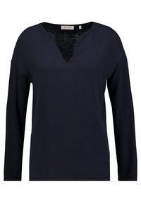 Tummansininen pitkähihainen paita, jossa on V-aukkosuunnittelu, valmistettu pehmeästä kankaasta. Ominaisuuksiin kuuluu rento istuvuus ja vähäinen yksityiskohtaisuus.