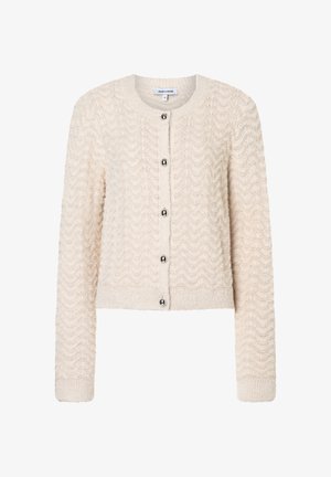 Cream cardigan with a textured wave pattern, round neckline, long sleeves, and six silver-tone buttons down the front.