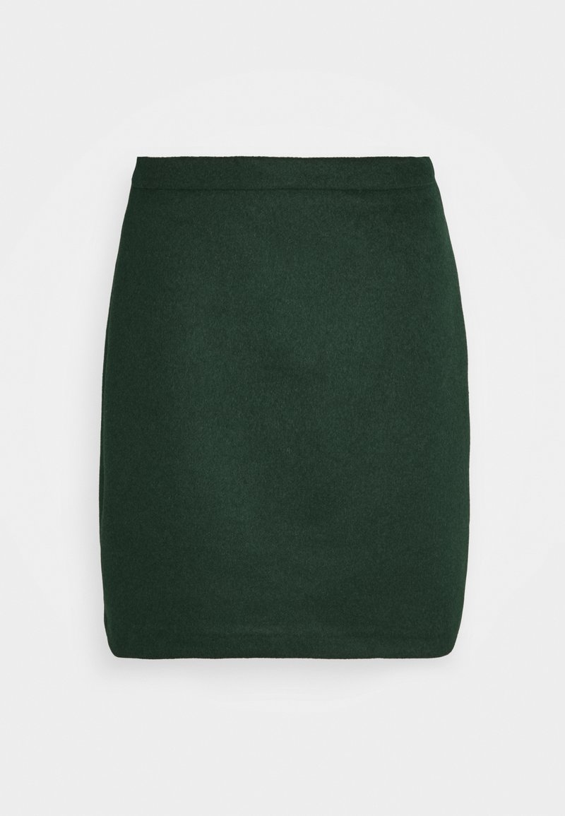 Jupe crayon vert foncé, longueur aux genoux, avec une ceinture droite et une texture simple et lisse sur un fond blanc.