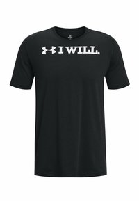 T-shirt nera a maniche corte in cotone, con una grafica bianca che recita "I WILL." sulla parte anteriore, col collo rotondo e vestibilità regolare.